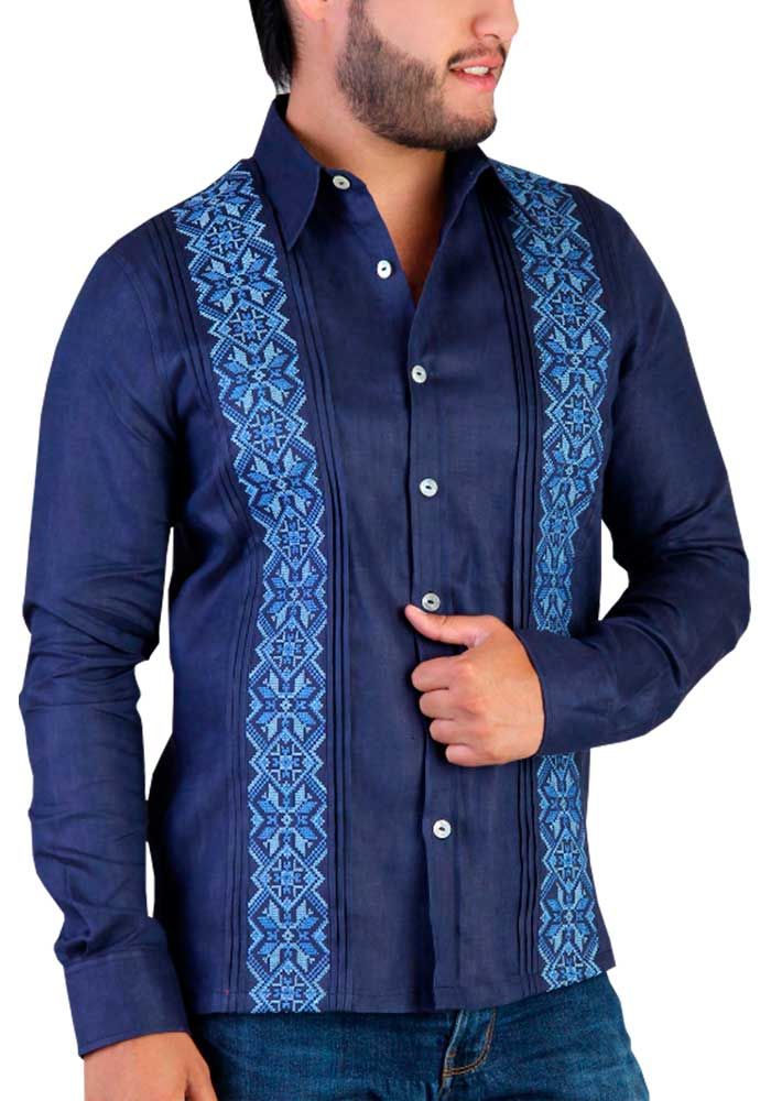 MLG1272 Guayabera Shirt For Men Lt Blue Fancy 100% Linen Embroidered Shirt