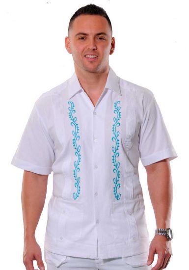 Manta Lavada. Guayabera Fashion for Weddings. Short Sleeves. Embroidered in Turquoise Color. Backorder.