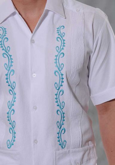 Linen 100%. Guayabera Fashion for Weddings. Short Sleeves. Embroidered in Turquoise Color. Back Orders.