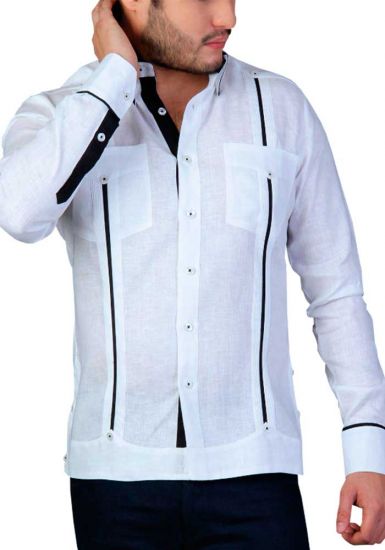 Detail in the Pleats. Two Pockets Guayabera with Cuff Print Feature. Groomsmen. White/Black Color. Back Orders.