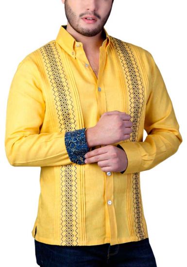 Two Colors Embroidery. Casual Finest Linen Shirt. Bright Color Guayabera. Linen 100 %. Yellow Color. Back Orders.