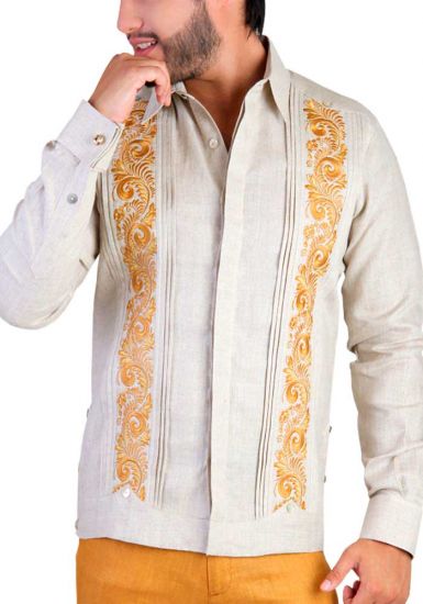 Guayabera Embroidered Big Events and  Weddings. Linen 100 %. French Cuff. Beige/Ocher Color. Back Orders.