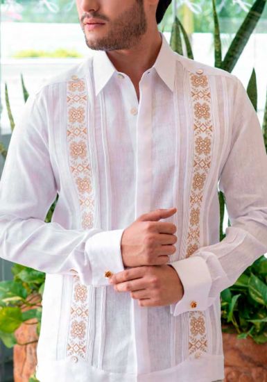FRENCH CUFF. Casual Finest Linen Shirt. Bright Color Guayabera. Linen 100 %. White / Orange Color. Back Orders.