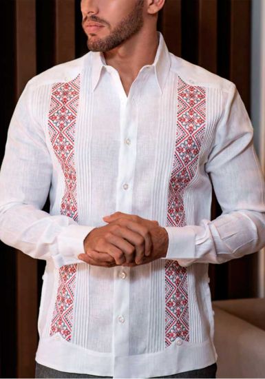Deluxe Embroidery Guayabera. Linen 100 %. Elegant Guayabera for Destination Wedding. White / Red Colors. Back Orders.