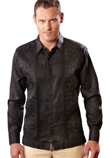 Hidden Button. Guayabera Embroidery. Italian Premium 100 % Linen. Double Eyelet for use Cufflinks. Black Color. Back Orders.