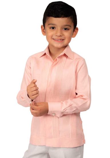 Deluxe Linen Guayabera for Kids. High Quality. Long Sleeve. RUN SMALL. Peach Color. Backorder.