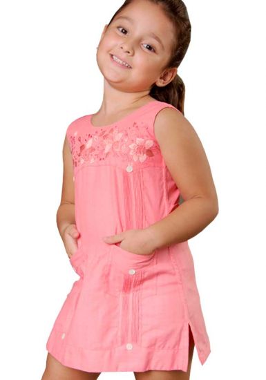 Girls Guayabera Dress. Beautiful Dress. Party Linen Dress. Wedding. High Quality. Linen 100 % BACK ORDER. Any Color. Soft Coral Color.