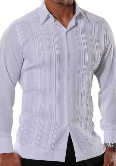 Formal Guayabera Style with Tucks. Italian Linen. Exquisite Embroidered Design. Double Eyelet for use Cufflinks. Back Orders.