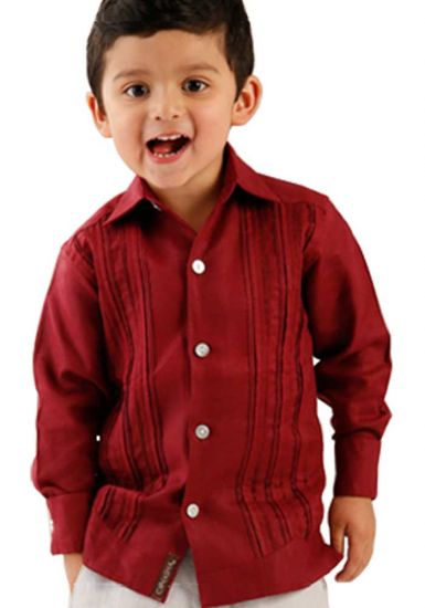 Formal Guayabera Shirt for Kids. Pleats Exquisite Design. Linen 100 %. Back Orders. RUN SMALL. Wine Color.