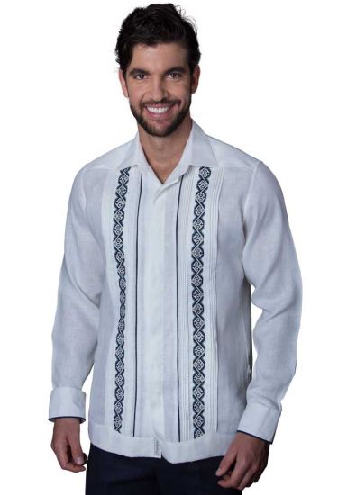 Guayabera With Embroidery Navy & Gray  and Pleats. Linen 100 %. Double Eyelet for use Cufflinks. Backorder. White Color.