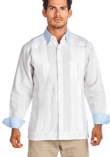 Two Pockets Guayabera. 3 Buttons Guayabera. Double Eyelet for use Cufflinks. White/LTBlue Color. Back Orders. Slim Fit