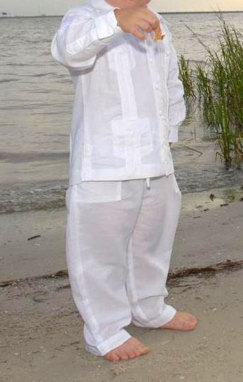 Set Guayabera Shirt Cuban Four Pockets. Long Sleeve. Spanish Linen. Drawstring Boys Linen Pants. Back order. White Color.