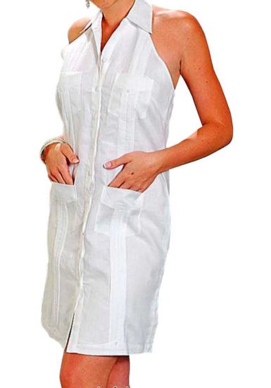 Sexy Guayabera Dress. Cuban Party Halter. Linen 100 %. Run Small. White Color.