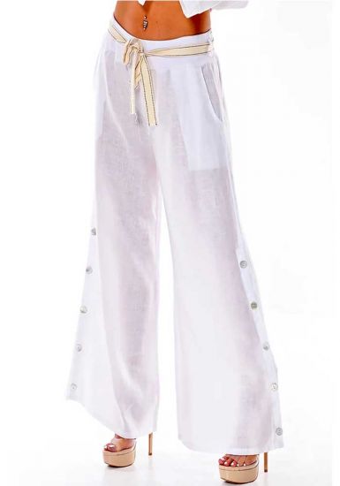 Azúcar Ladies Long Pants Elastic Waist Band With Belt. 100% Linen. White Color.