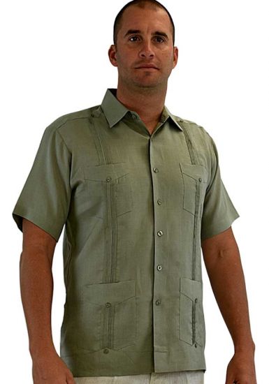 Four pockets Cuban Party Guayabera Short Sleeve. Regular Linen. Sage Color.