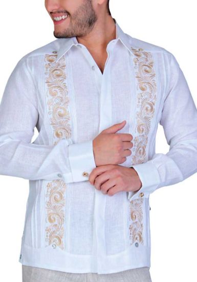 Guayabera Embroidered in Gold Color. Big Events and  Weddings. Linen 100 %. French Cuff. White/Gold Color. Back Orders.