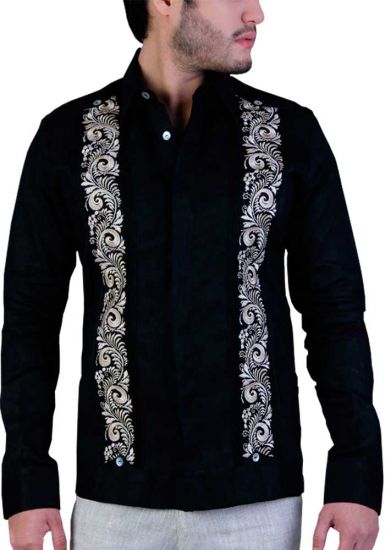 Exquisite Golden Embroidery Linen Guayabera. French Cuff. Black Color. Back Orders.