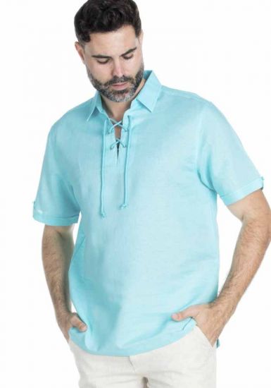 Men's Linen & Cotton Up Neckline Short Sleeve Shirt. Aqua Color.