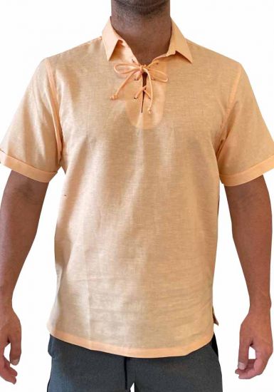 Men's Linen & Cotton Up Neckline Short Sleeve Shirt. Peach Color.