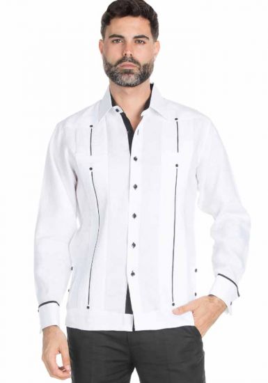 Guayabera White and Black. Men's Stylish Shirt. 100 % Linen. White Color.