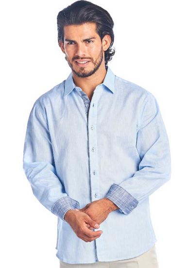 Men's 2 Tone Button Down Natural Linen Shirt Long Sleeve. Blue Color.