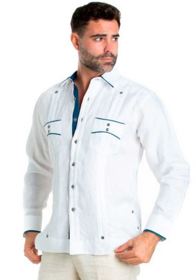 Men's Premium 100% Linen Guayabera Shirt Long Sleeve. 2 Pocket Design with Contrast Polka Dot Trim. White/Navy Color.