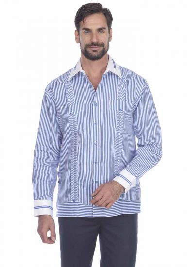 Party Latin Pinstripe Premium 100% Linen Guayabera Shirt. Long Sleeve for Men. Two Pockets. Blue Color.