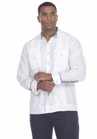 Party Linen Guayabera style shirt. Fashion Two Pockets  Stylish. White/Navy Color.