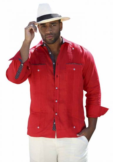 Party Latin Guayabera. Beautiful RED Color. Men's 100% Linen Guayabera Shirt. Stylish Print Trim Accent. Red Color.
