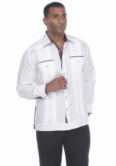 Party Latin Guayabera. Men's 100% Linen Guayabera Shirt. Stylish Print Trim Accent. White Color.