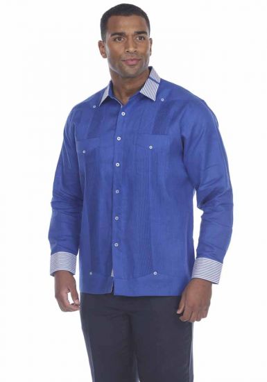 Stylish Print Trim Accent. Fashion Two Pockets Shirt. Linen 100%. Long Sleeve. Royal Blue Colors.