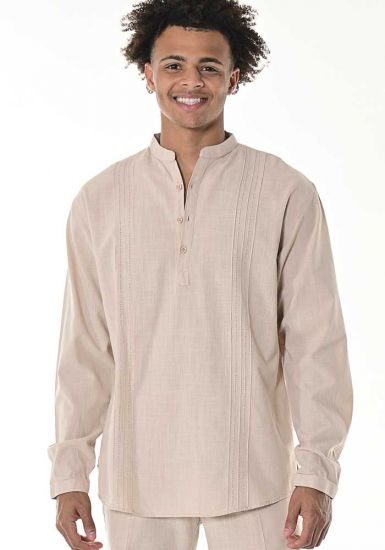 Men's Cotton Gauze 100%. MAO Collar. Long Sleeve Shirt. Natural Color.