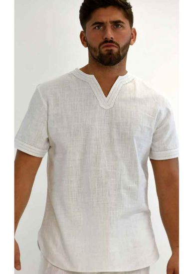 Short Sleeves Shirt. Shirt Cotton Gauze 100 %. Collarless shirt. Perfect for the Beach. White Color.