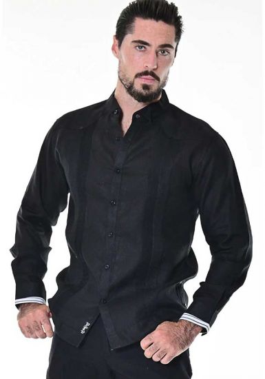 Mens Fancy Guayabera Tuxedo Style Pleated. Linen Guayabera Shirt . Long Sleeve. No Pockets. Solid Color. Black Color.