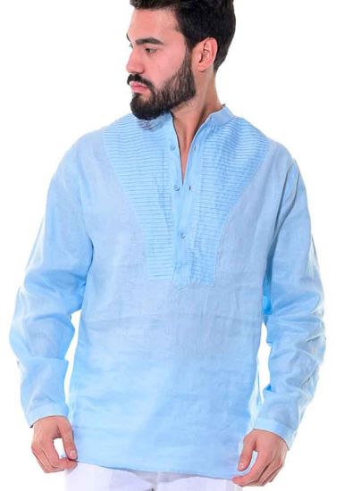 Men's Linen 100%. MAO Collar. Long Sleeve Shirt. Light Blue Color.
