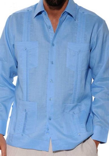 Four pockets Cuban Party Guayabera Long Sleeve. Regular Linen. Blue Color.