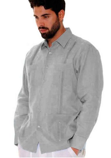 Four pockets Cuban Party Guayabera Long Sleeve. Regular Linen. Gray Color.