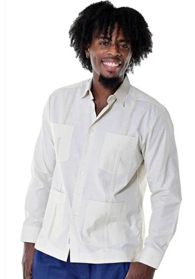 Traditional Guayabera Poly-Cotton. Long Sleeve. Beige Color.