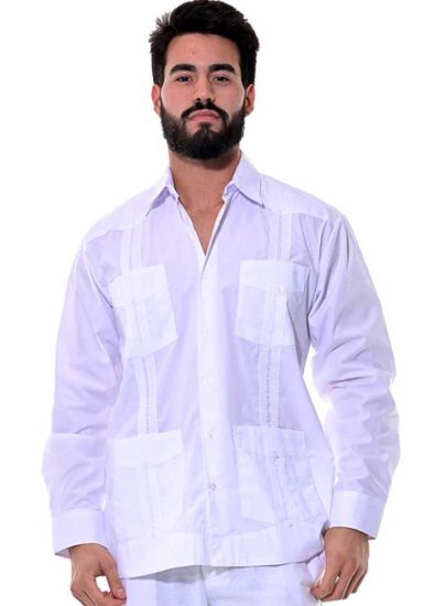 Traditional Guayabera Poly-Cotton. Long Sleeve. White Color.