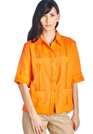 Ladies Guayabera Blouse Extra Pleat Work On Sleeves. Tangerine Color.