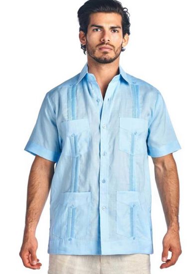 Four pockets Traditional Guayabera Shirt Regular Linen.  Short Sleeve.Light Blue Color.