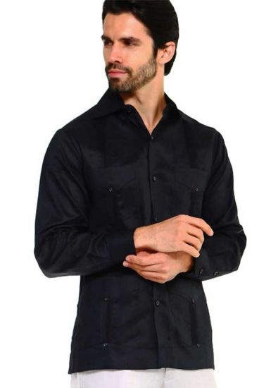 PLUS Size Traditional Guayabera Shirt Regular Linen Long Sleeve. Black Color.