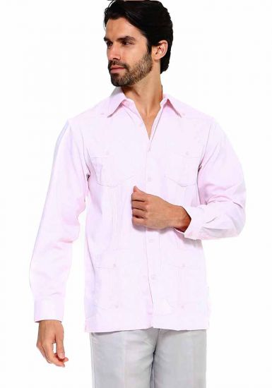 PLUS Size Traditional Guayabera Shirt Regular Linen Long Sleeve. Light Pink Color.