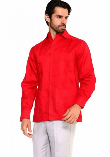 PLUS Size Traditional Guayabera Shirt Regular Linen Long Sleeve. Red Color.