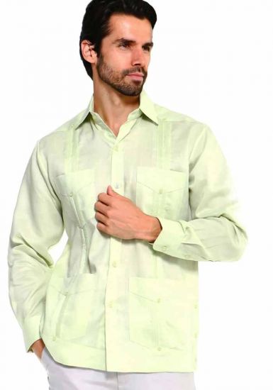 PLUS Size Traditional Guayabera Shirt Regular Linen Long Sleeve. Sage Color.