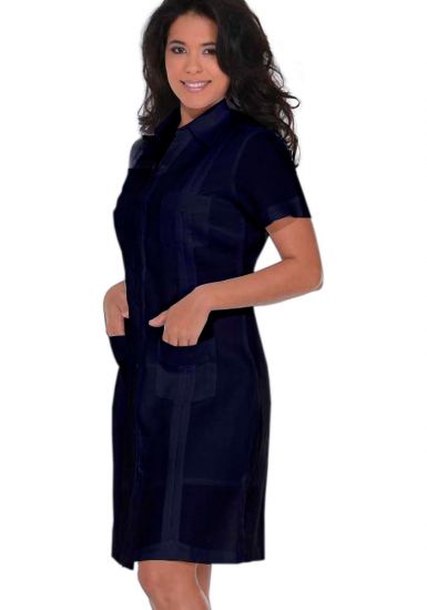 Ladies Guayabera Dress Short Sleeve. Linen. Cuban Party Guayabera Dress. Black Color.