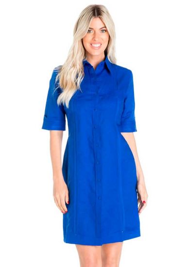 Linen & Cotton. Party Ladies Guayabera Dress 3/4 Sleeve. Juvenile Style. Royal Blue Color.
