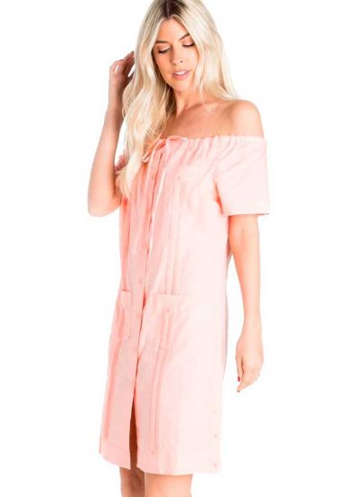 Linen & Cotton. Off the Shoulder Sexy Guayabera Dress. Pink Color.