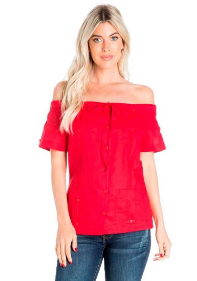 Cuban Party Off The Shoulder Sexy Guayabera Blouse. Linen & Cotton. Red Color.