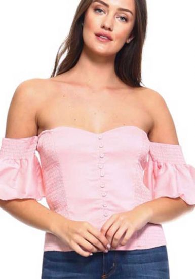 Women's Sexy Ruffled Strapless Corset Style Smocked Top with Faux Button Up. Pink Color.